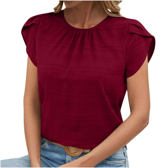 Womens Tops Solid Round Neck Sleeve Back Keyhole Blouse Temperament Short Sleeve Top Summer Blouses Red L