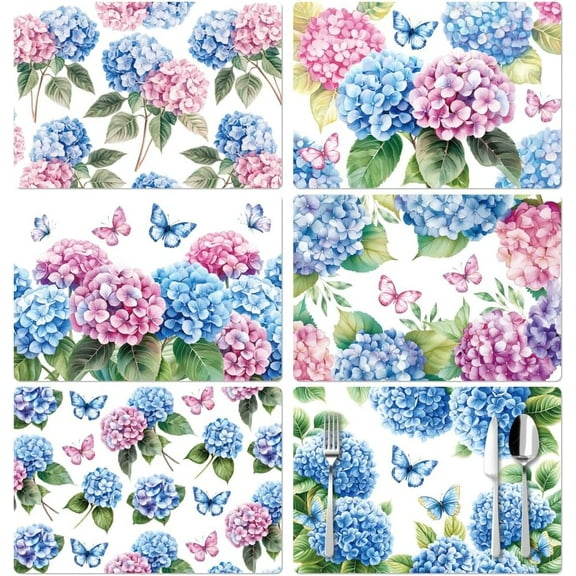 Hydrangea and Butterflies Floral Placemats Set of 6,12"x17" Waterproof Washable Table Place Mats for Indoor Outdoor Farmhouse Party Kitchen Dining Table Decoration