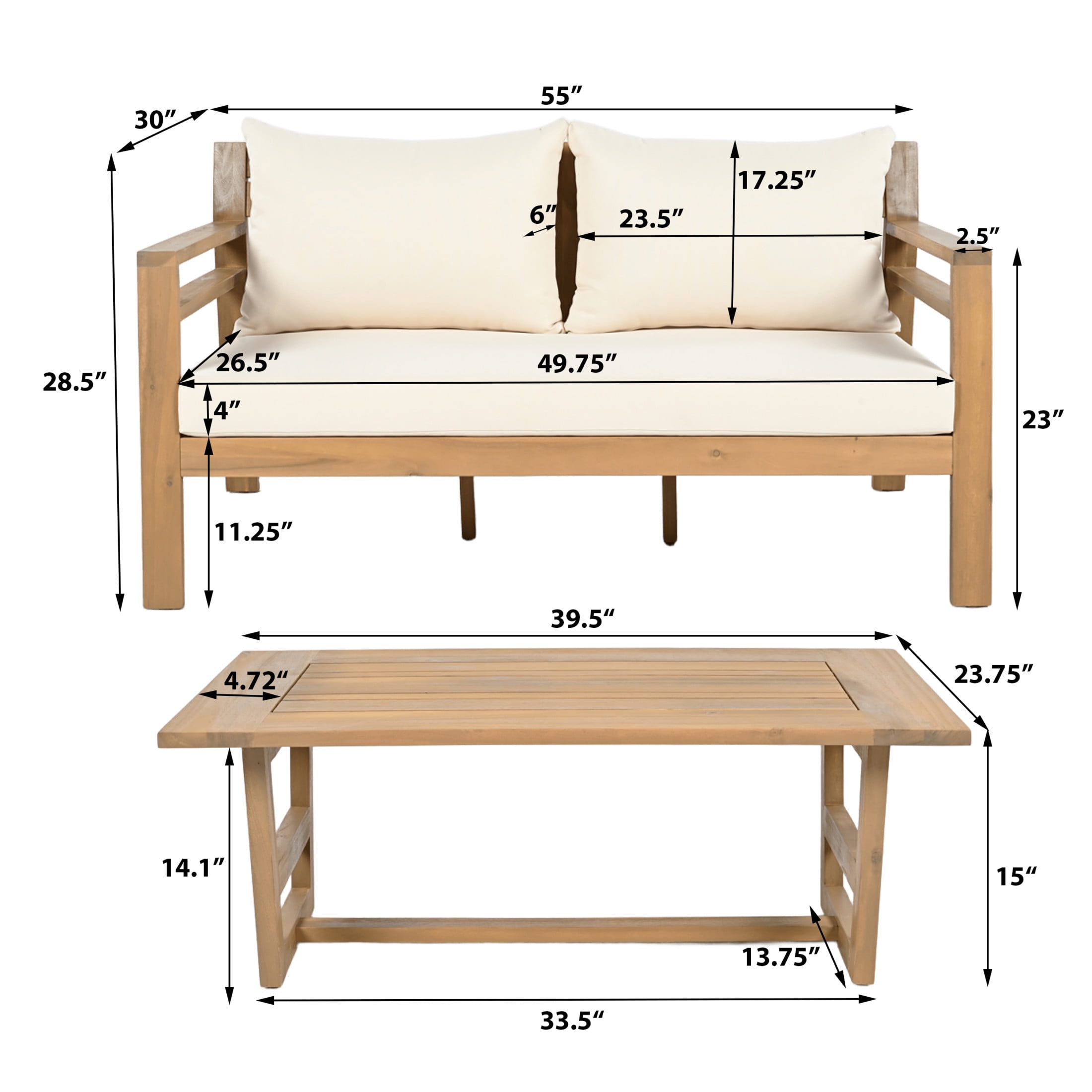 Lenore Classic Outdoor 2 Piece Patio Conversation Set,  Loveseat & Coffee Table,  Solid Wood Frame, Water-Repellent Cushions, Light Teak + Beige