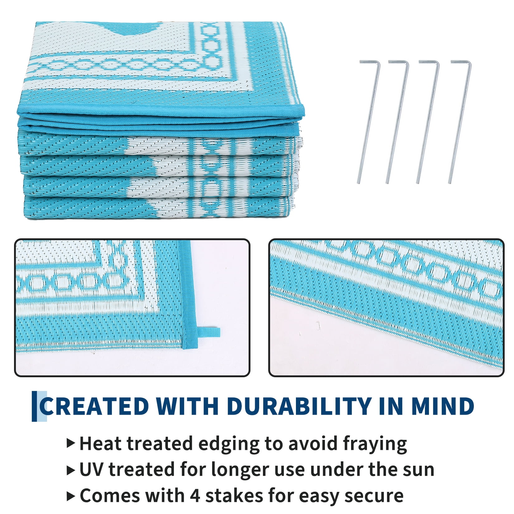 HIWEAVER Light Blue 9'x 12' Outdoor Rug Garden Decor Scolloped Bordered Carpet Plastic Straw Waterproof Reversible Patio Area Rug for Balcony Deck Picnic Portable Camping Mat