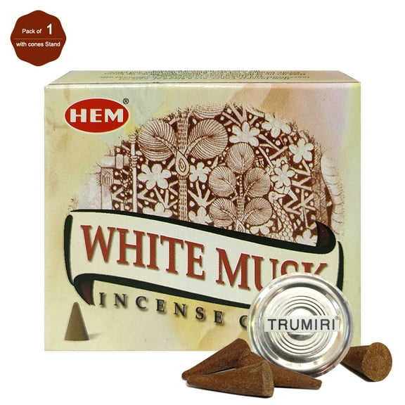 Trumiri Incense Cone Holder Bundle with Hem White Musk Incense Cones - Pack of 1 (approx 10 Cones)