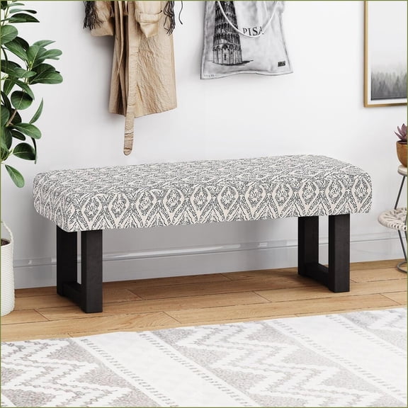Boho Fabric Bench, Rubberwood Frame Black Print 48.25”W for Living Room/Bedroom | Fabric | Foot Stools