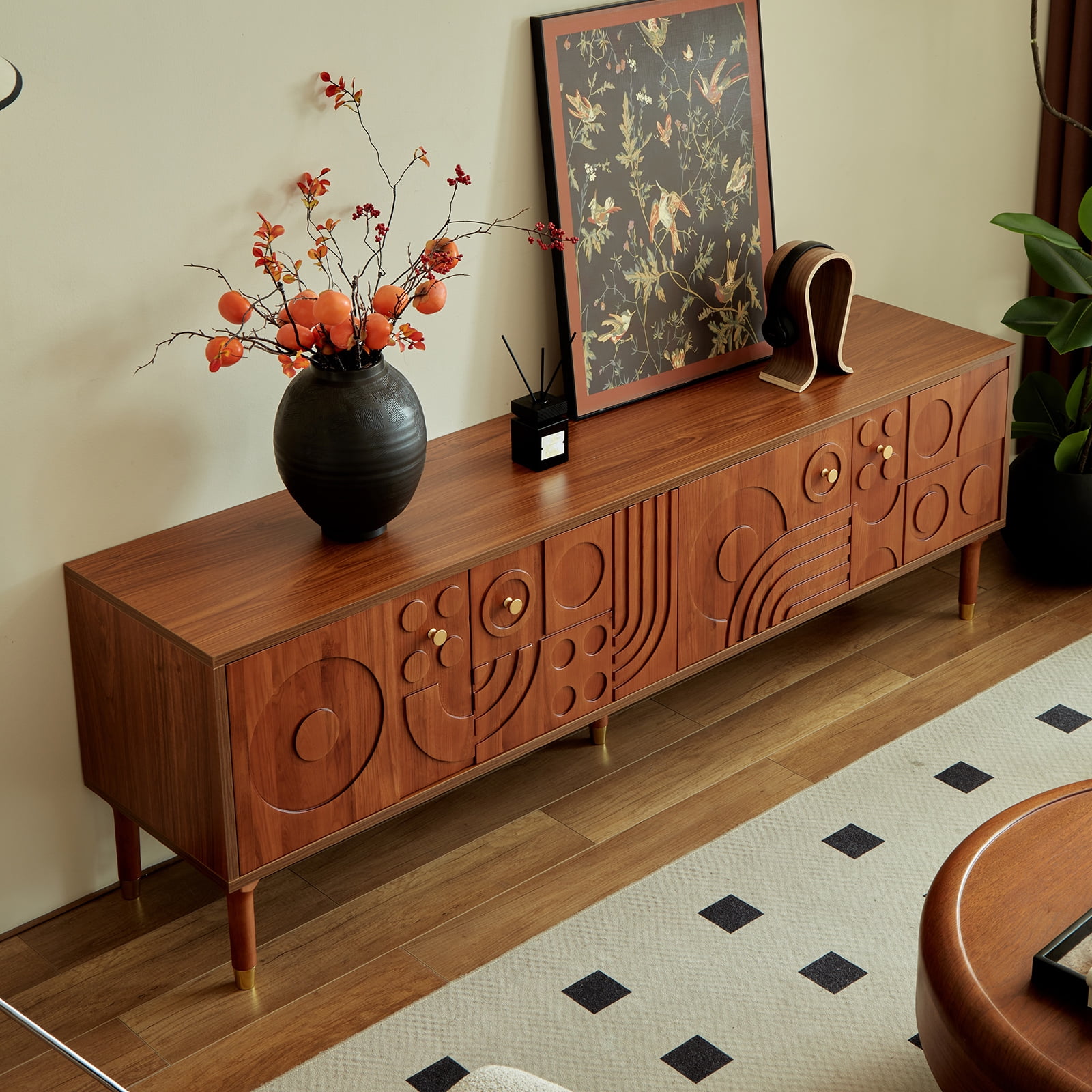 siu want Modern TV Stand for 75 inch TV, 66.9" Retro Media Console with Carved Geometric Doors & 4 Cabinets, Walnut Entertainment Center​