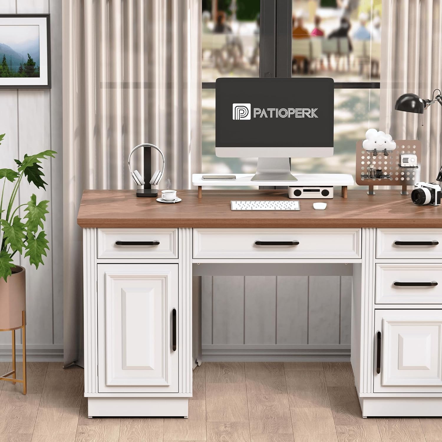 PatioPerk 58" Farmhouse Executive Desk, Wood Home Office Desk with Drawers, Computer Desk with Drawers and Storage Cabinet, Workstation for Office Home, Ivory White