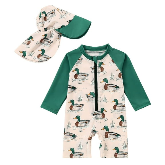 Caqnni Children Comfortable Breathable Skin Friendly Long Sleeved Swimsuit Fashionable Printed Zipper Swimsuit Swimwear Suit for Summer Vacation 18-24 Months Green
