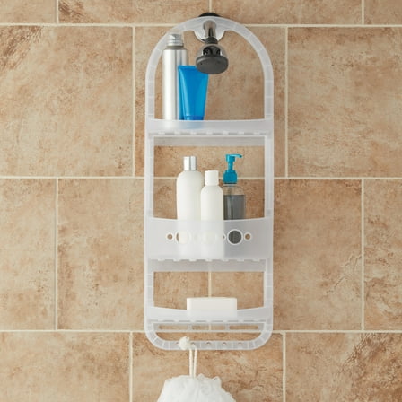 Mainstays Large Over the Shower Caddy with Shelves and Deep Basket, Heavy Duty Plastic, Frosty Finish