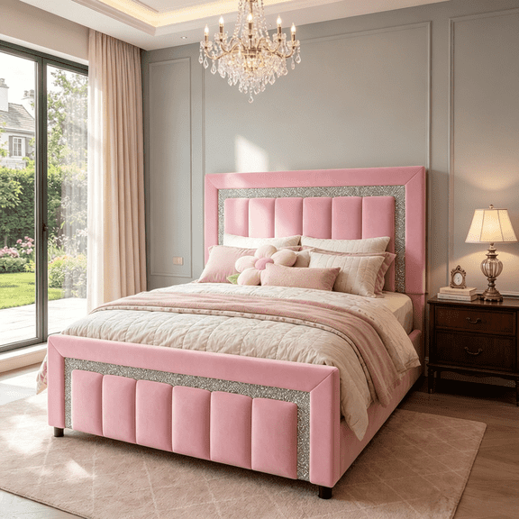 4 Ever Winner Twin Bed Frame, Velvet Upholstered Bed Frame with Diamond Headboard and Footboard, Pink Bed Frame Twin Size , Princess Bed, Pink