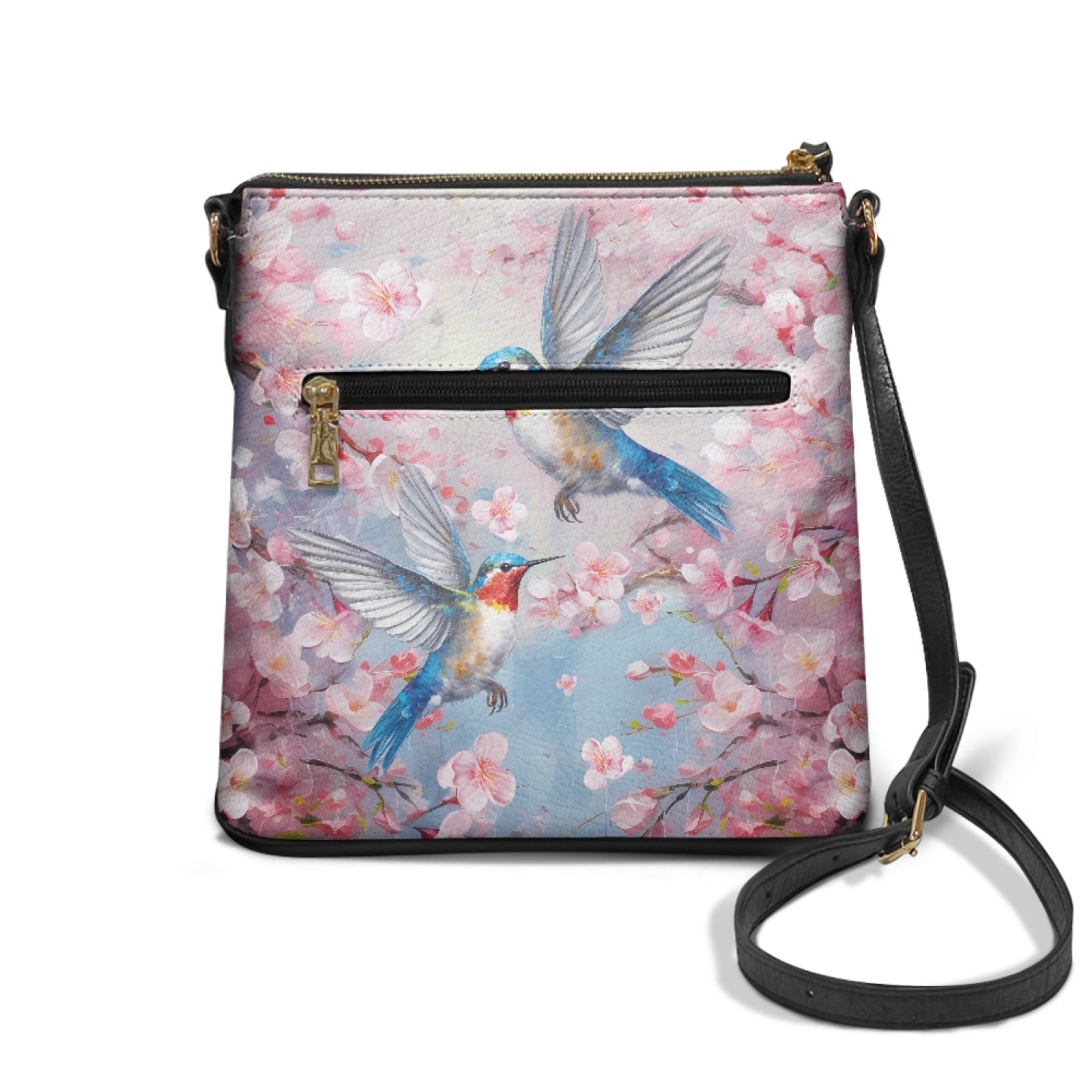 LedBack Hummingbird Print Leather Shoulder Handbag Purse Peach Blossom Satchel Bag Crossbody Hobo Purse with Adjustable Strap, Zipper Messenger Bag for Travel Shopping Work, Pink