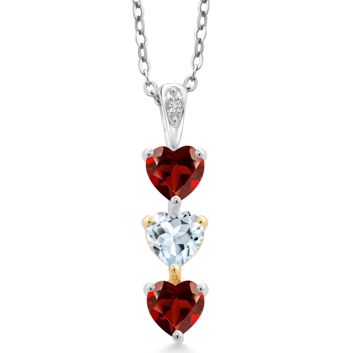 Gem Stone King Keren Hanan Lab Grown Diamond 3 Stone Heart Shape Pendant Necklace with Chain 1.62 Ct Red Garnet Sky Blue Aquamarine 925 Silver and 10K Yellow Gold