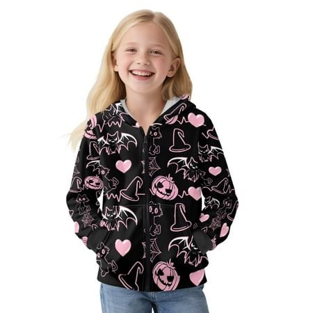 POLERO Girls Sweatshirt Pink Halloween Pumpkin Cat Print Hoodie Cozy Soft Winter Jacket Coat with Pocket Zip Up Hoodie for Girls Size M