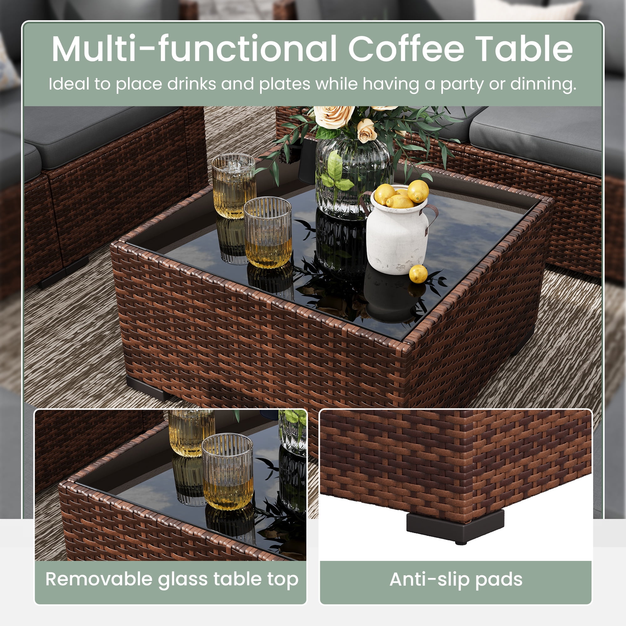 Poteban 8 Pieces Outdoor Patio Furniture Set with 44" Fire Pit Table, Brown Wicker Rattan Sectional Sofa with Cushions and Glass Coffee Table for Backyard Garden, Dark Gray