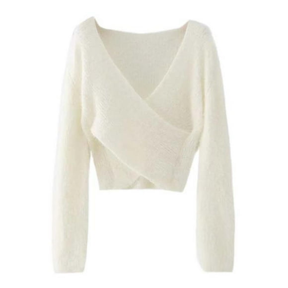 UJNDER High Waisted Short Crop Long Sleeve V Neck Pullover Sweater for Women White One Size