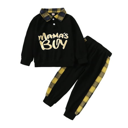 

OLLUISNEO Pants Outfits For Toddler Baby Boys Fall Winter Letter Print Lapel Long Sleeve Top Pants 2 PCS Set 3-4 Years Black