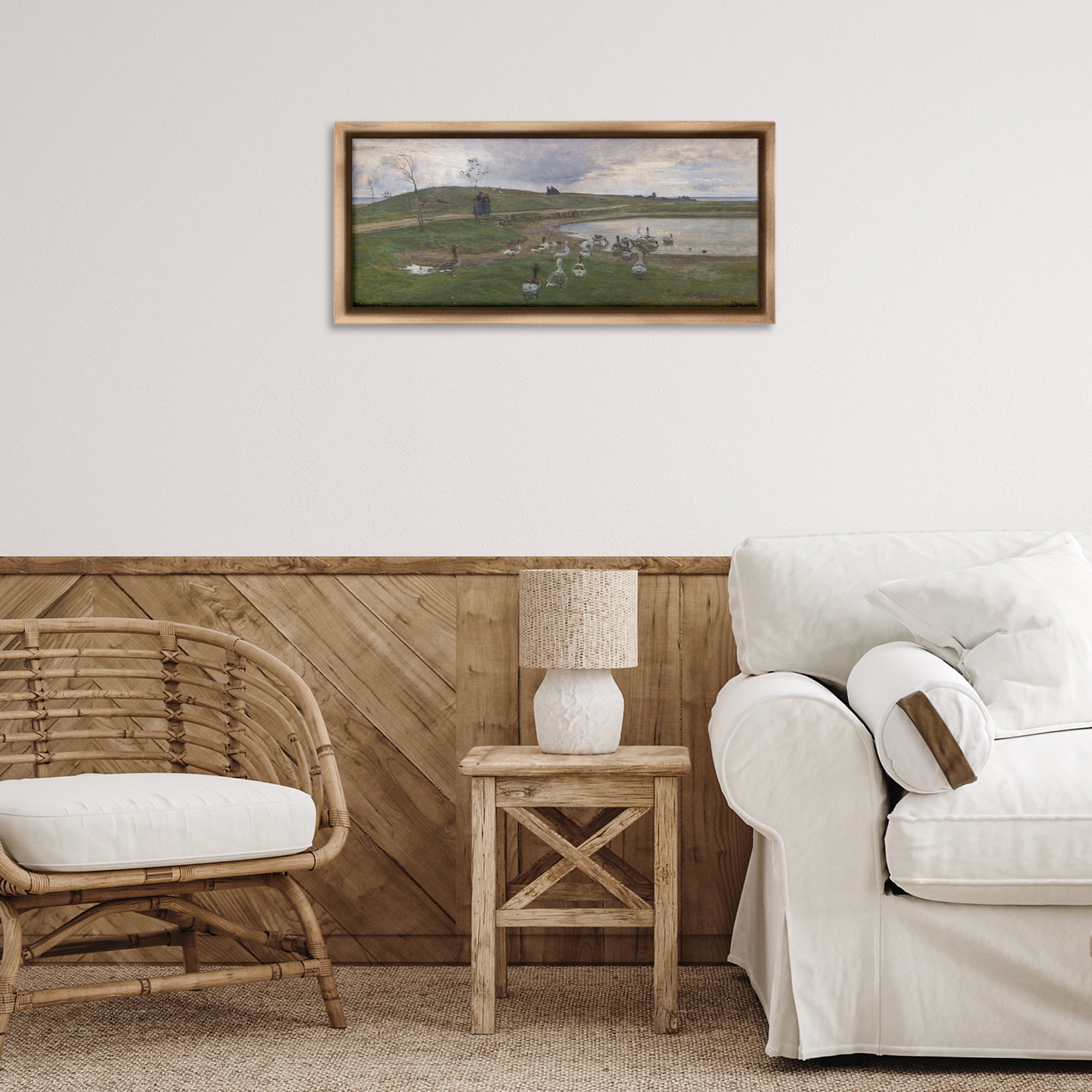 Stupell Industries Ducks Wading in Pond Landscape & Nature Painting Brown Floater Framed Canvas Art Print Wall Art, 25 x 11
