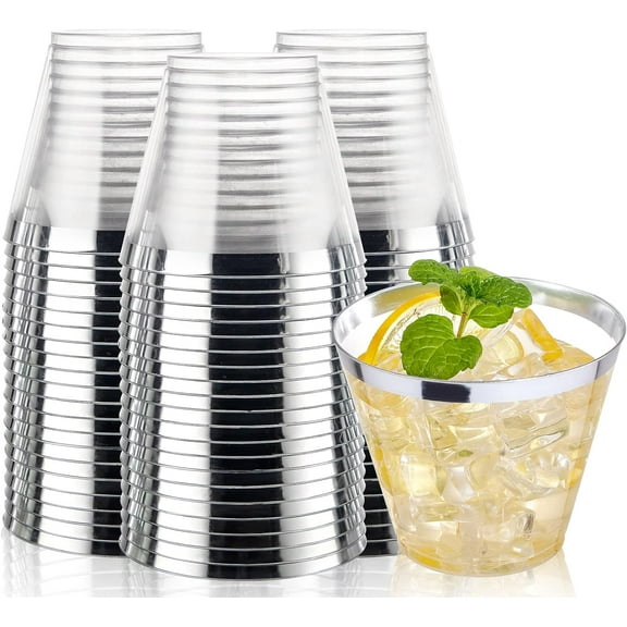 AllWays Plaza 200pcs Silver Disposable Plastic Cups 9 oz Clear Plastic Cups Old Fashioned Tumblers Silver Rim Cup Disposable Party Cup Elegant Silver Wine Glasses Cocktail Cup