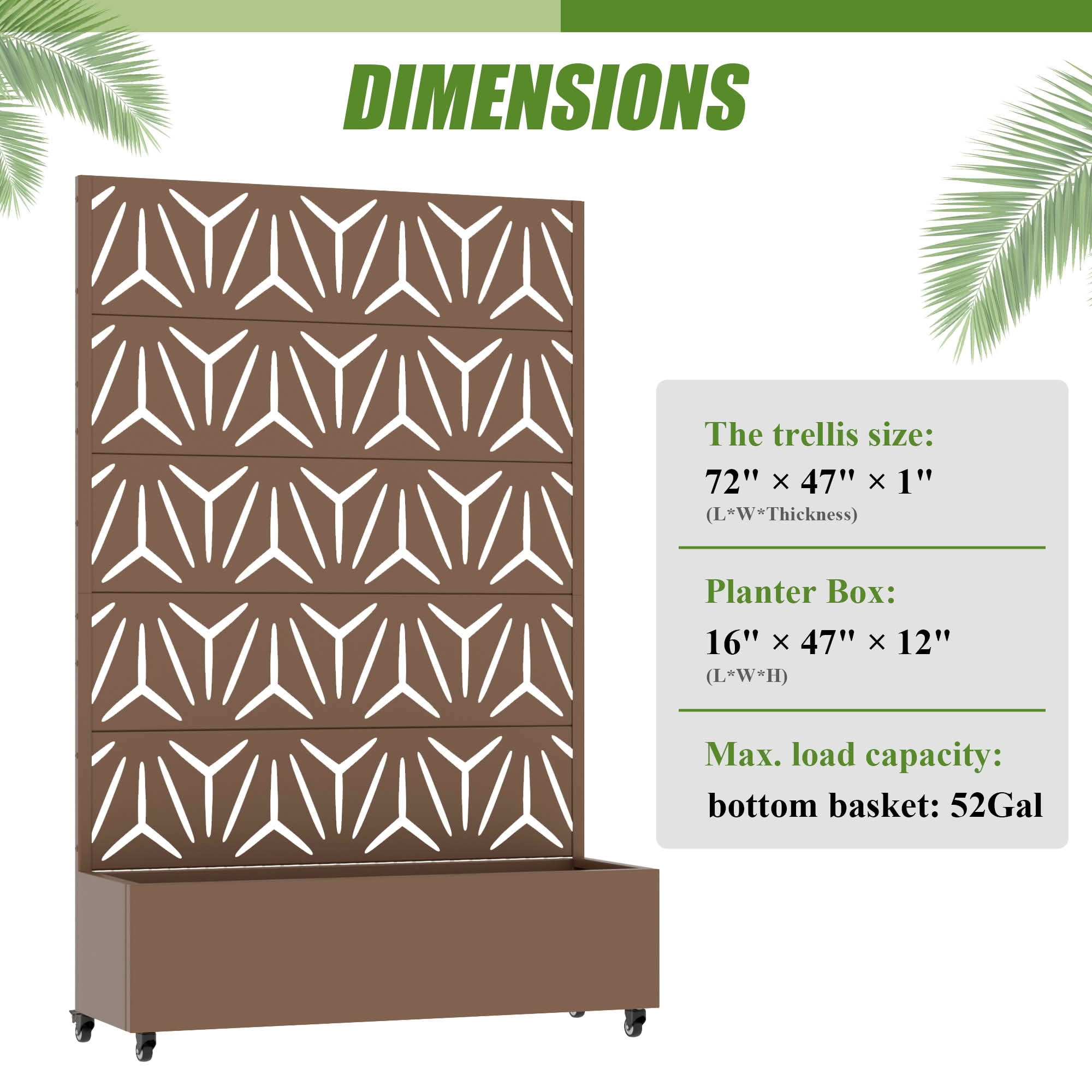 MAYEERTY 72X47" Metal Outdoor Brown Privacy Screen with Planter Box for Backyard & Garden, 5 Piece Set