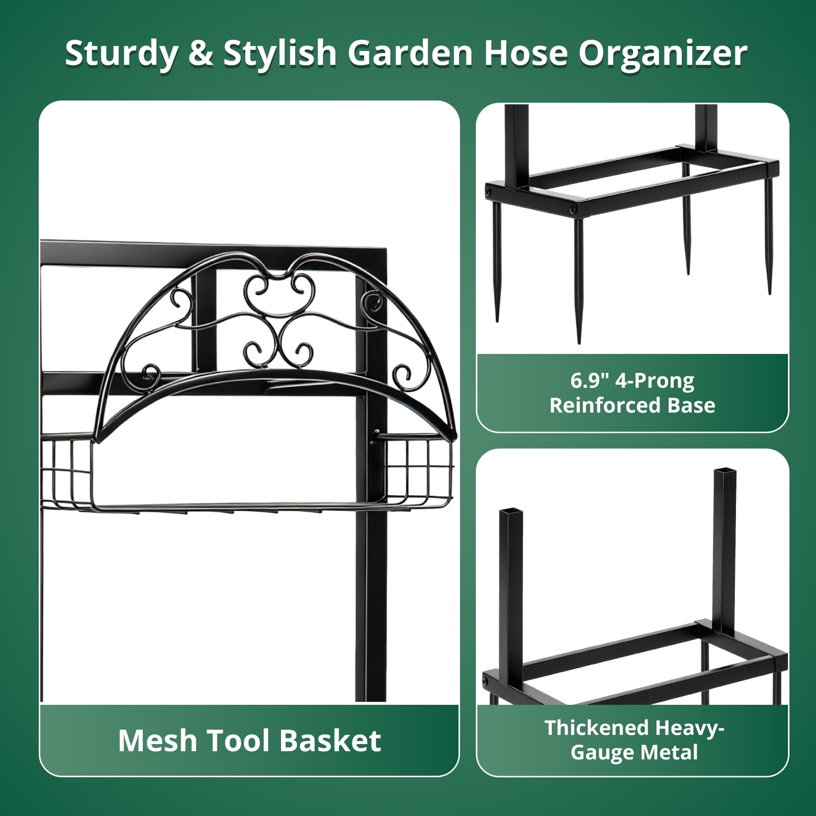 Garden Hose Holder, Water Hose Holder Stand with Storage Basket, Heavy Duty Freestanding Garden Hose Hanger Storage Rack with 4 Spikes for Outside Yard Lawn Farm, Black