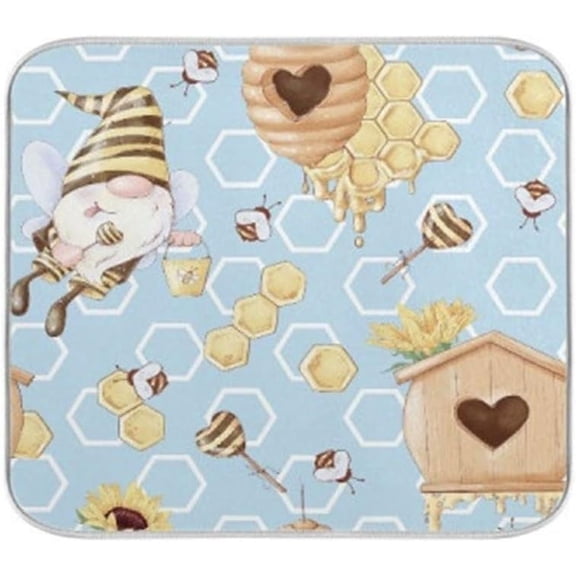 Gnome Dish Drying Mats Bee Honeycomb for Kitchen Counter Sink 16x18 in, Summer Honey Dish Draining Mat with Hanging Loop Bottle Rack Drainer Mat Dry Pad
