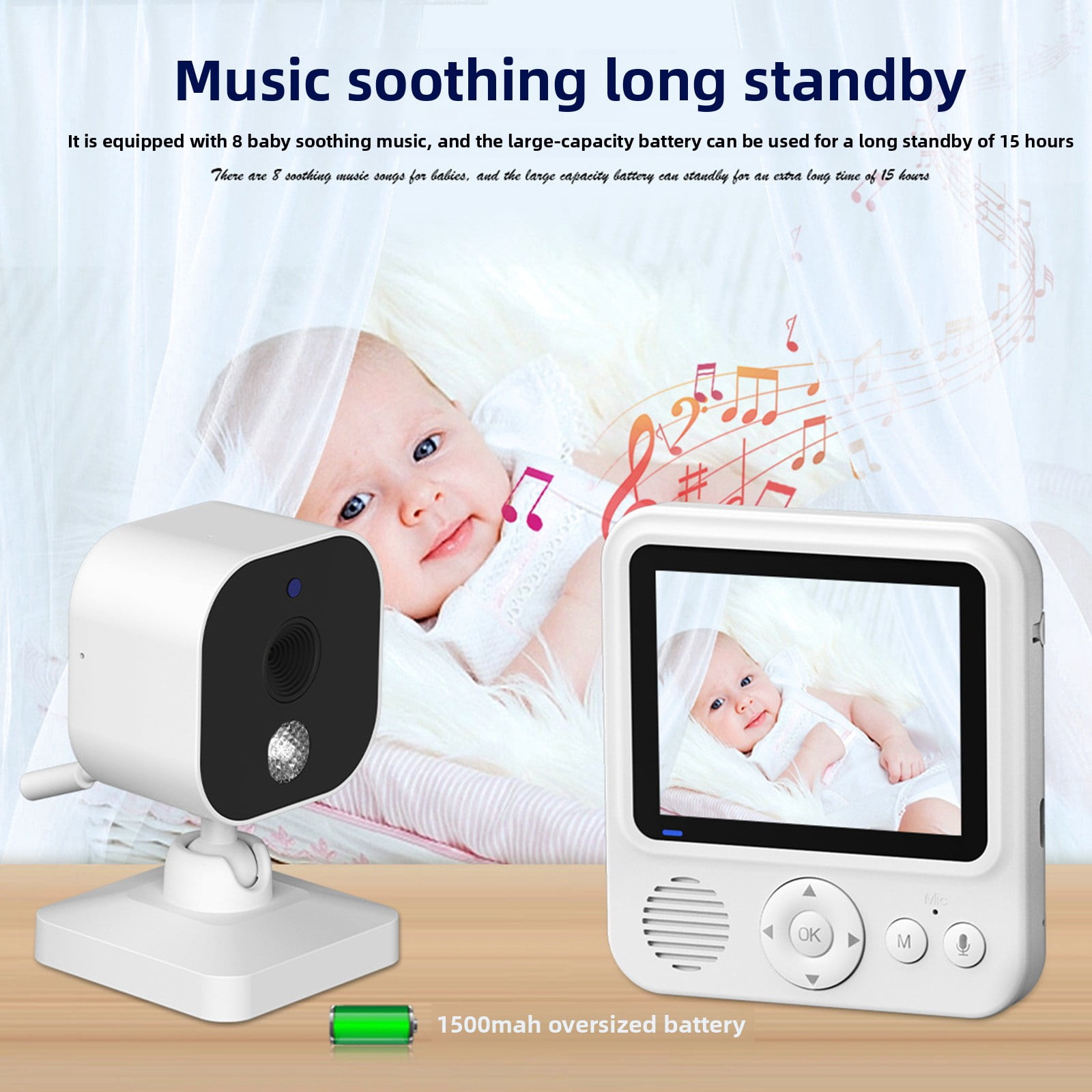 2.5-inch video monitor, 720P high-definition image quality, 1500 mAh large battery, wireless with screen and language intercom, sleep music soothing, sleep and real-time temperature monitoring