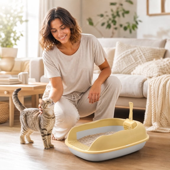 Njoeus Kitten or Small Litter Box,Semi Enclosed Pet Box with Shovel,for Kittens Poop Basin Brings Spray-Proof Design,and Easy Cleanup for Indoor Cat Supplies