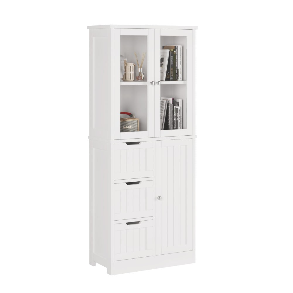 IVV 58" Freestanding Bathroom Cabinet with Glass Doors and 2 Drawers, Kitchen Pantry Storage Cupboard for Bathroom, Living Room, Dining Room, Office, White