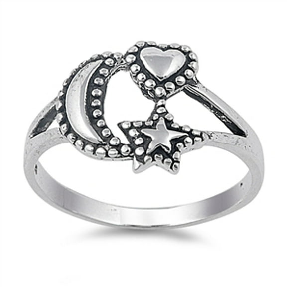 Oxidized Beaded Heart Moon Star Good Luck Ring Sterling Silver Band 925 Jewelry Female Male Size 5