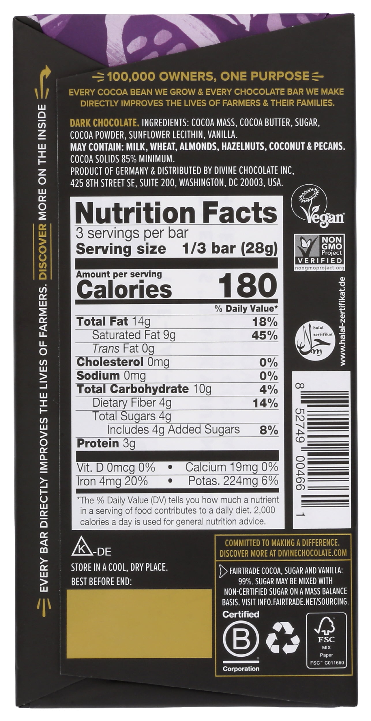 Pack of 12, Divine Chocolate 85% Exquisitely Smooth Dark Chocolate, 3 oz