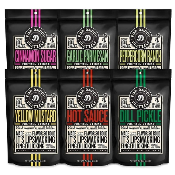 Pop Daddy Flavored Pretzels Sticks, Gourmet Pretzels, 7.5oz Variety Pack, 6 Pack, Garlic Parm, Cinnamon Sugar, Peppercorn Ranch, Hot Sauce, Dill Pickle, Yellow Mustard