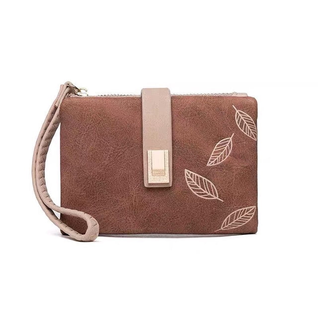 Cartera de mujer estilo vintage con hebilla de hoja esmerilada, bolso plegable con cremallera, monedero para estudiantes