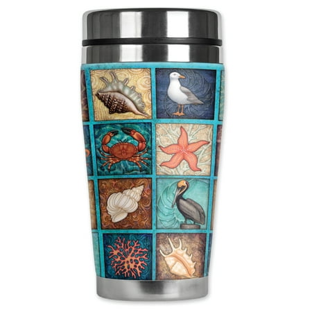 

Mugzie brand 16-Ounce Stainless Steel Travel Mug with Insulated Wetsuit Cover - Seashore