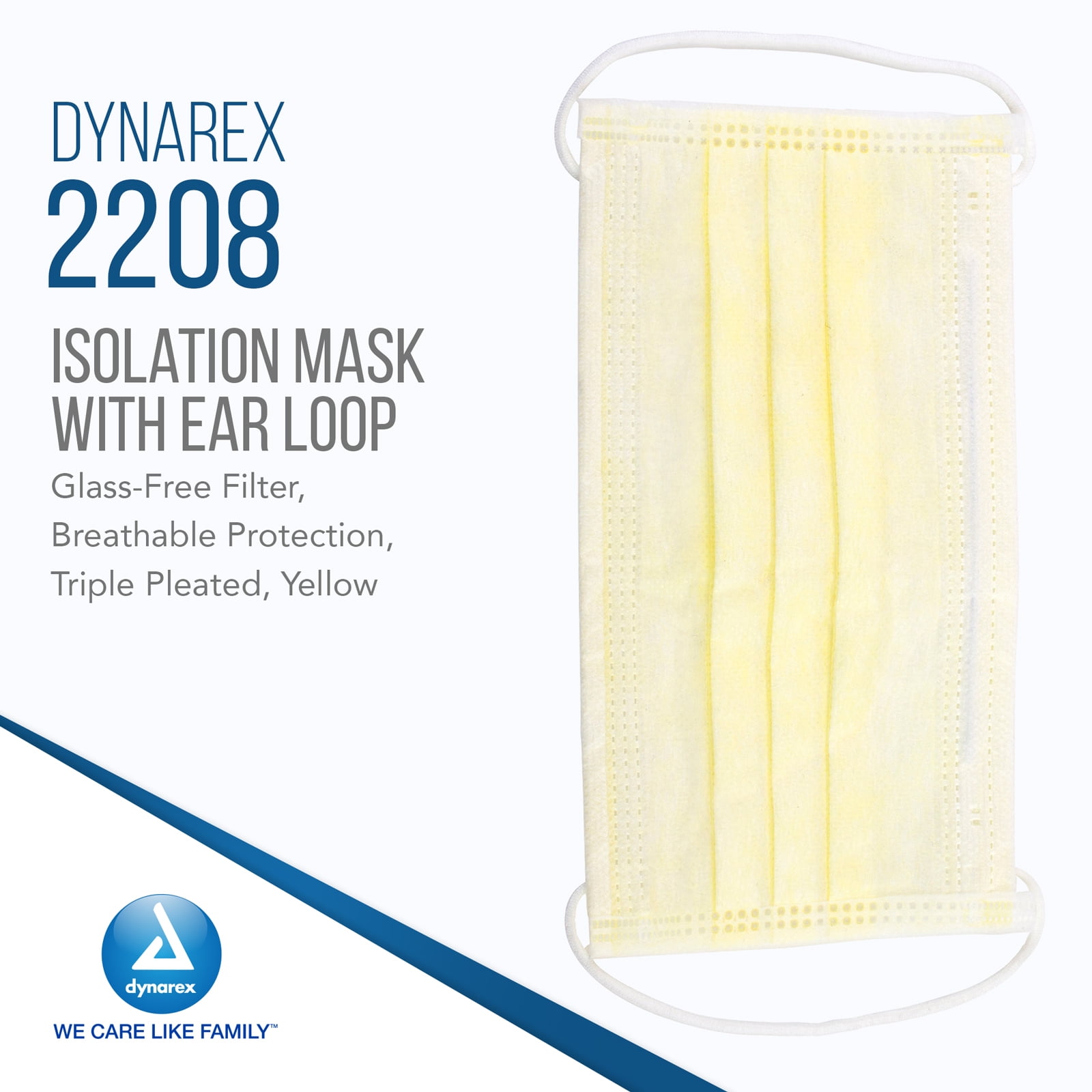 Dynarex Procedure Masks - Triple-Pleated Surgical Masks with No-Glass Filter, Ear Loops & Nose Strip - Disposable Medical Mask, Face Protection for Hospital - 50 per Box, 12 Boxes per Case - Yellow