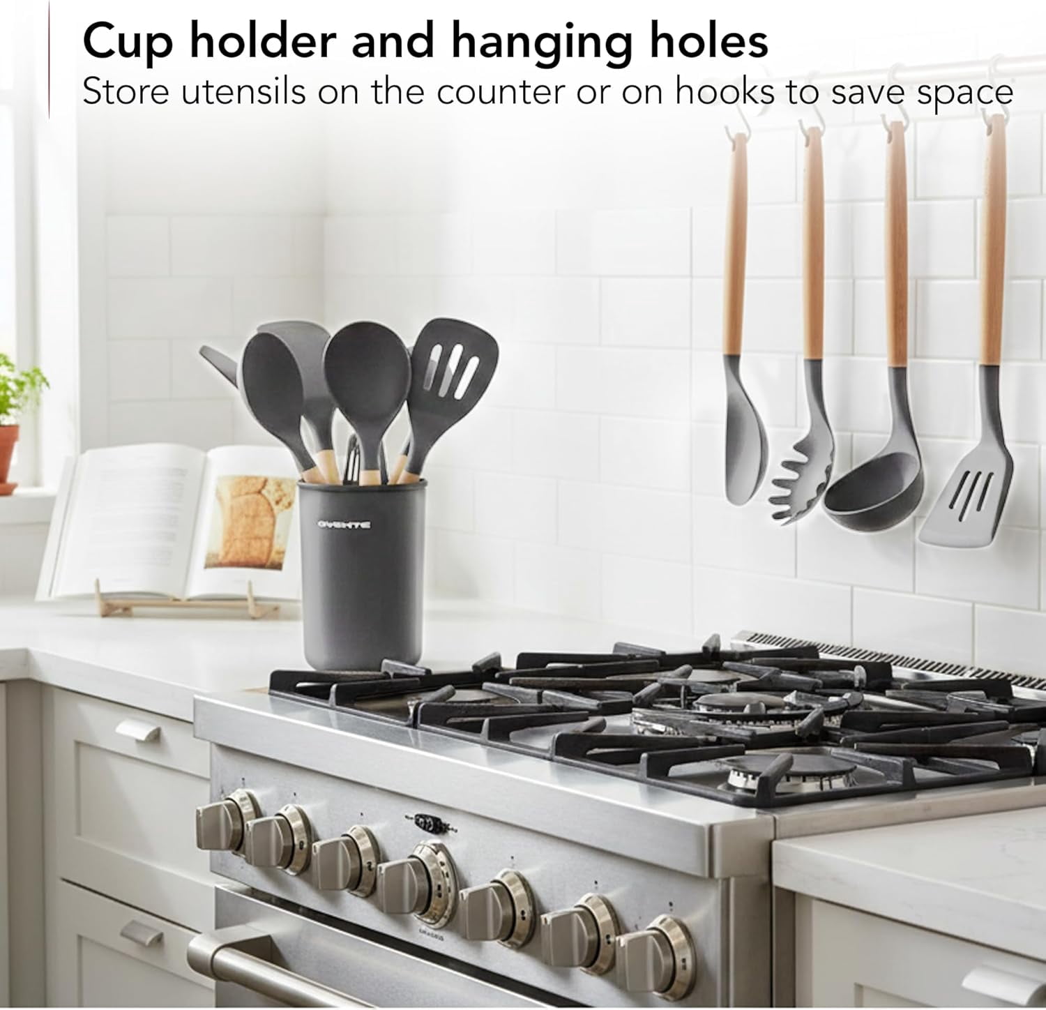 OVENTE Silicone Cooking Utensils Set, 17pcs, Heat Resistant, Grey SPS17G | Kitchen Tools and Gadgets for Nonstick Cookware, BPA-Free Spatula Set with Wooden Handle, Cup Holder, Oven Gloves & Hot Pads