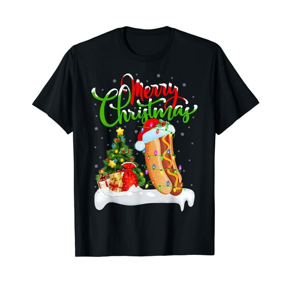 Funny Hot Dog Lover Xmas Lighting Santa Hot Dog Christmas T-Shirt