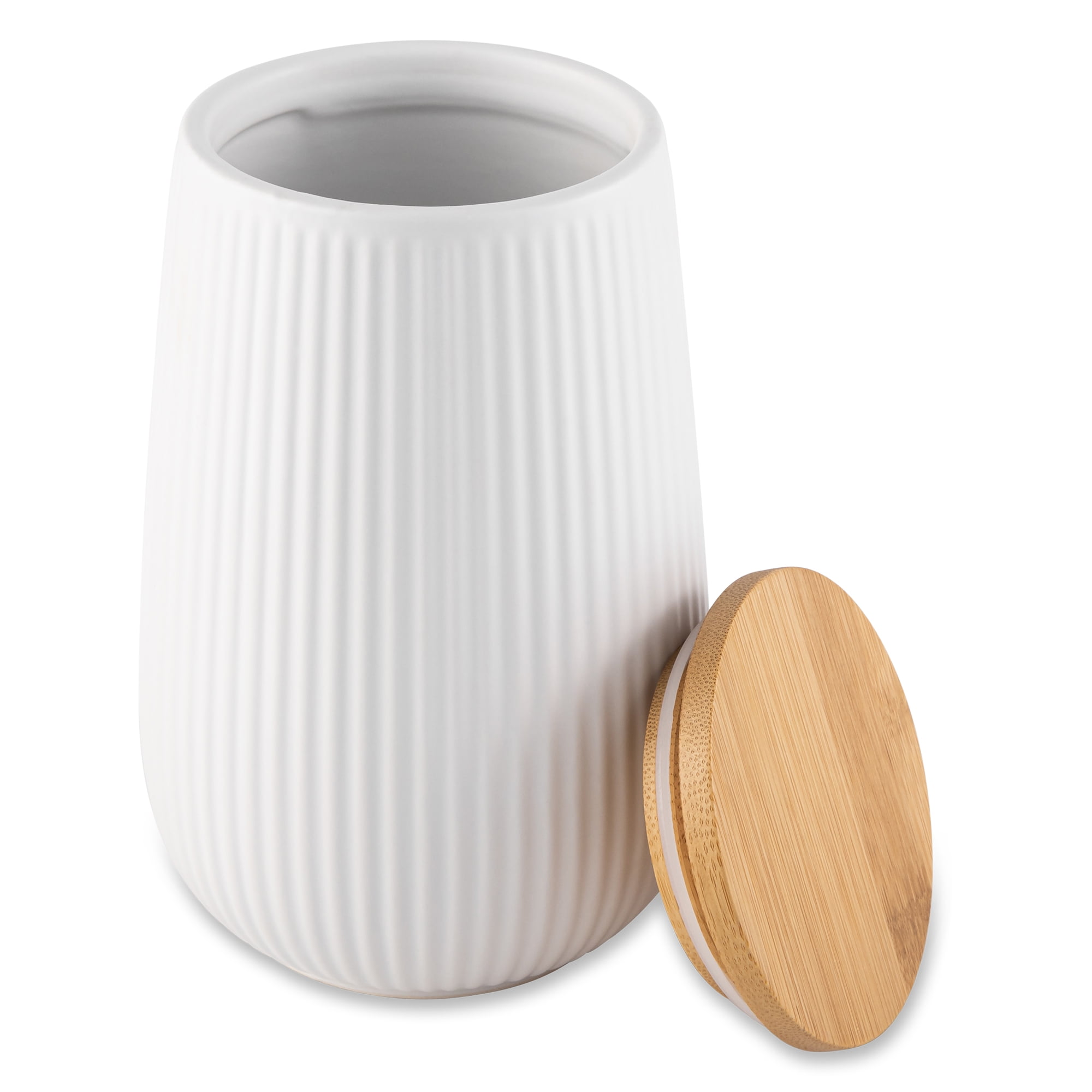 Thyme&Table Large 1.2L White Ceramic Ribbed Canister with Bamboo Lid