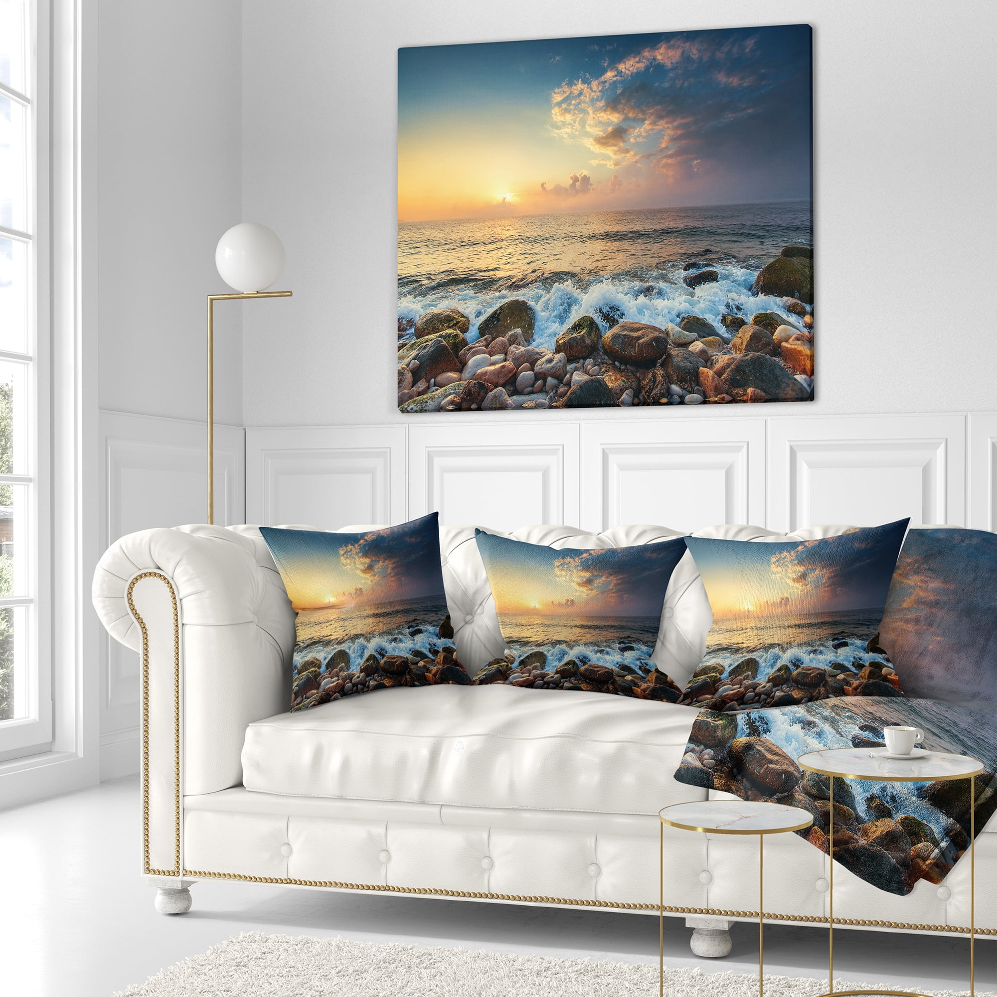 Designart Sunrise and Shining Waves in Sea - Seashore Throw Pillow - 16x16