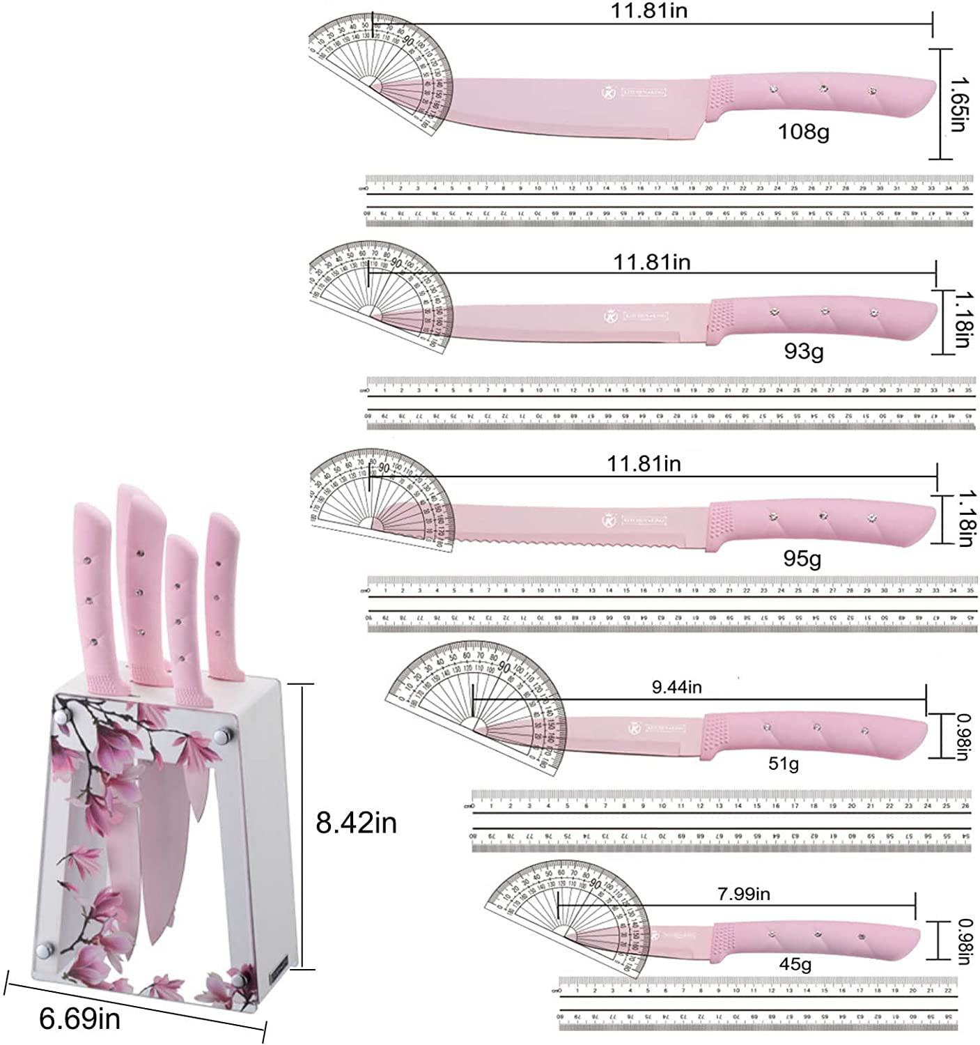 Kitchen Knife Set, Retrosohoo 9 PC Pink Wheat Straw Sharp Cooking Knife Set  with Acrylic Stand, Stainless Steel Non-stick Chef with Comfortable Handle