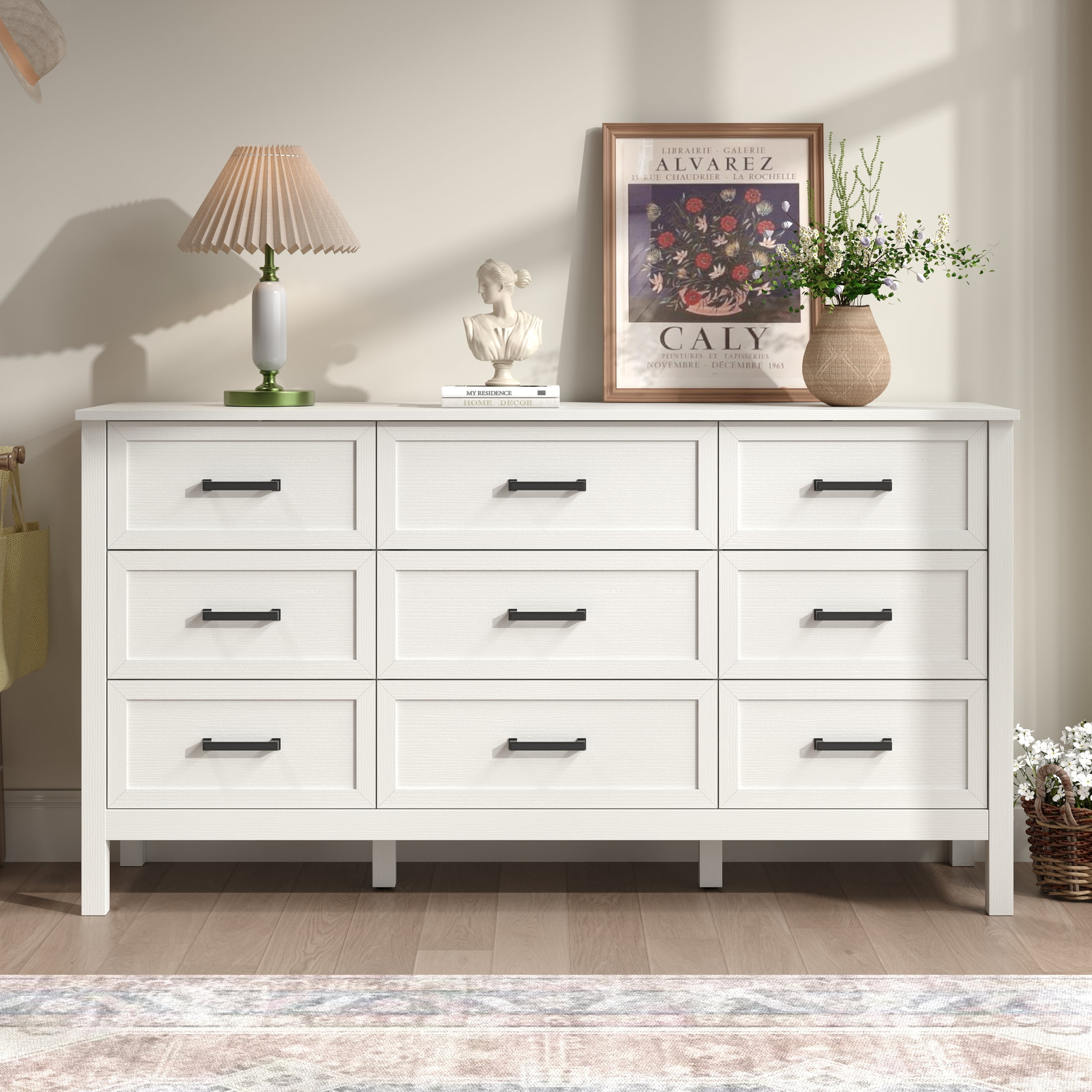 YouTrend 9 Drawer Farmhouse Dresser,Wood Adult Rustic Chest of Drawer with Metal Handles for Bedroom Living Room Hallway,Natural White