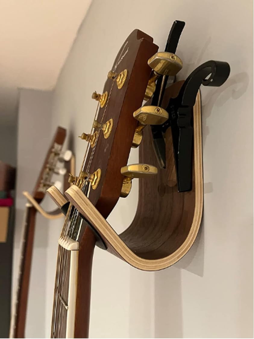 Guitar Wall Mount Hooks 2 Pack: Modern Design Hanger For Storage & Display. Heavy Duty Ply Wood Hook Holder The Wall. Hangers Stand Acoustic Guitars  Ukulele Bass Violin Cello
