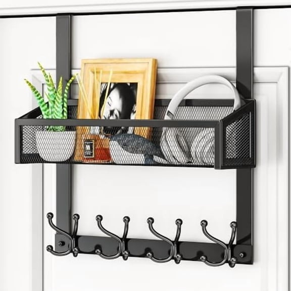 Over The Door Hooks - Easy Installation Door Hanger with Basket and 16 Hooks, 304 Stainless Steel Storage Organizer for Towels, Coats, Bathroom, Kitchen, Dorm - Black