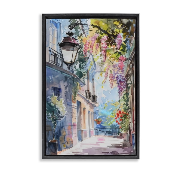 Stupell Industries Cottage Floral Walkway Cityscape Black Floating Frame Canvas Art, 17 x 25, by LSR Design Studio