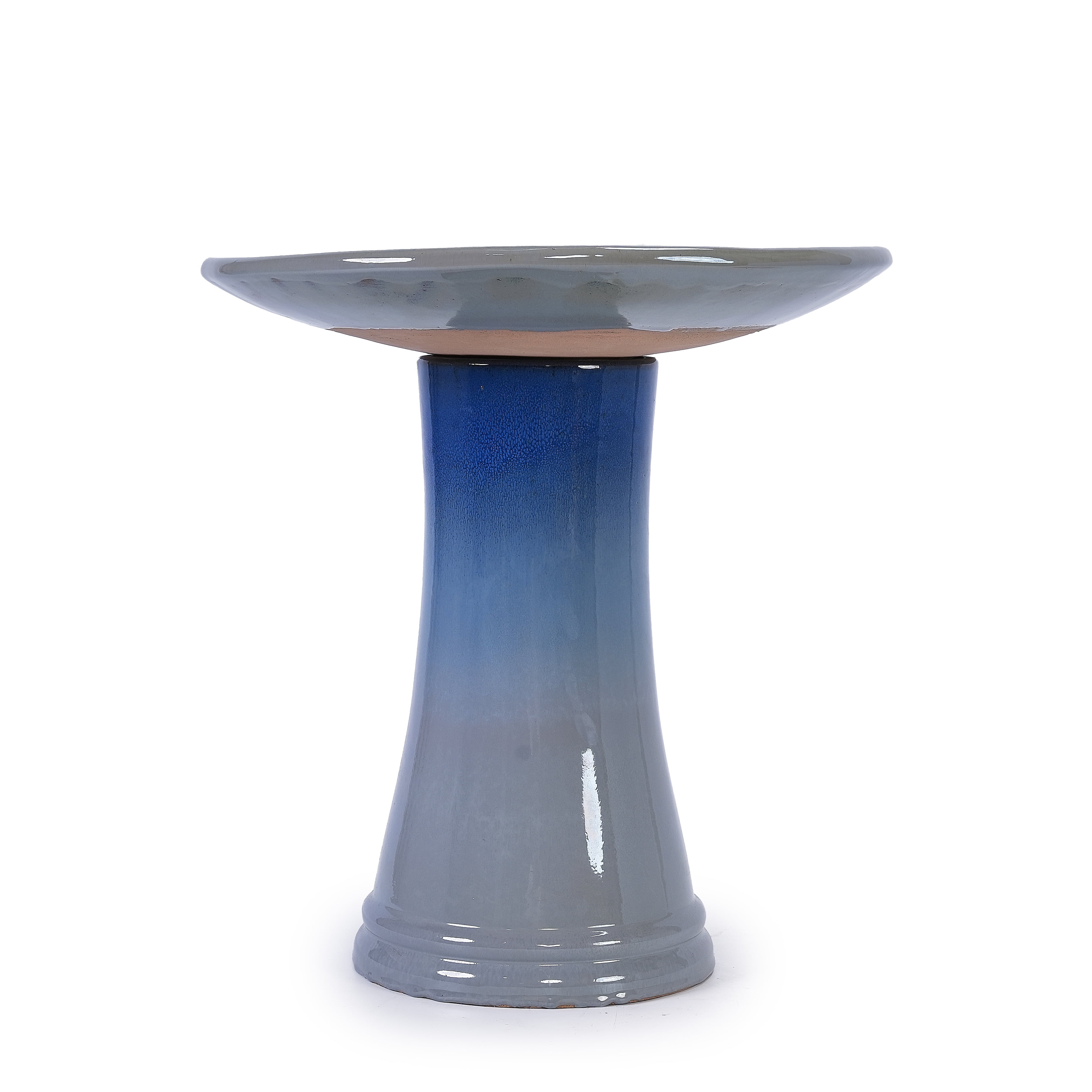17" Ceramic Bird Bath for Outside, Elegant Tall Outdoor Bird Bath, Lightweight Pedestal Glazed Birdbaths for Outdoors with floral Pattern, Blue Ombre