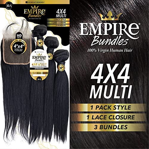 empire bundles multi - straight with 4x4 closure 10a tangle shed free human hair for weaving and sew in styles (14 16 18 inch, natural)