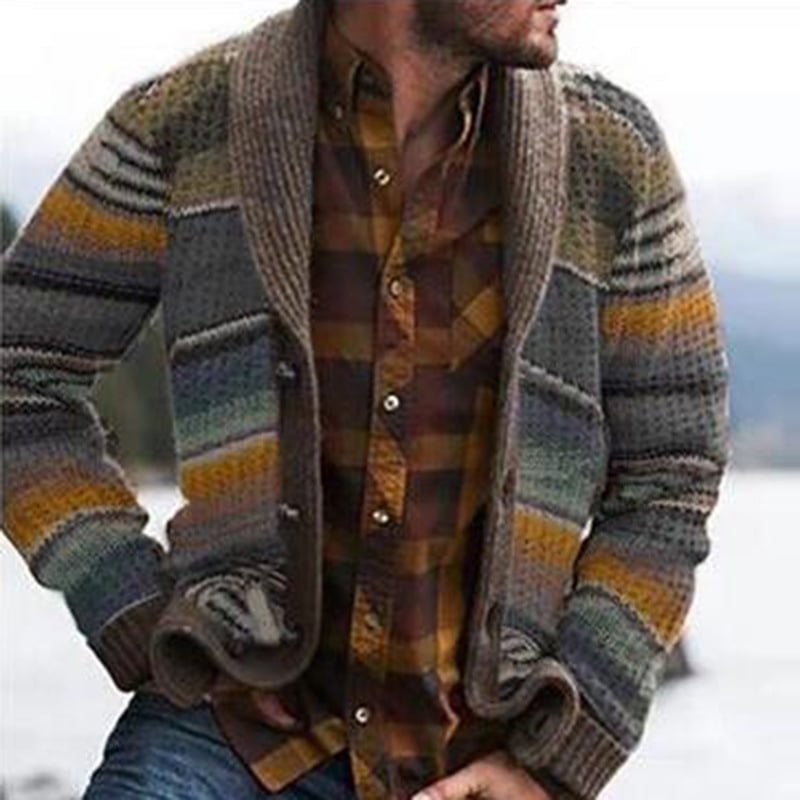 Fueri Mens Cable Knit Cardigan Knitted Sweater with Button Contrast Color Block Chunky Knitted Jacket Warm Outwear 
