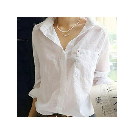 - Topumt Women V-Neck Long Sleeve Cotton Linen Shirt Blouse Tops