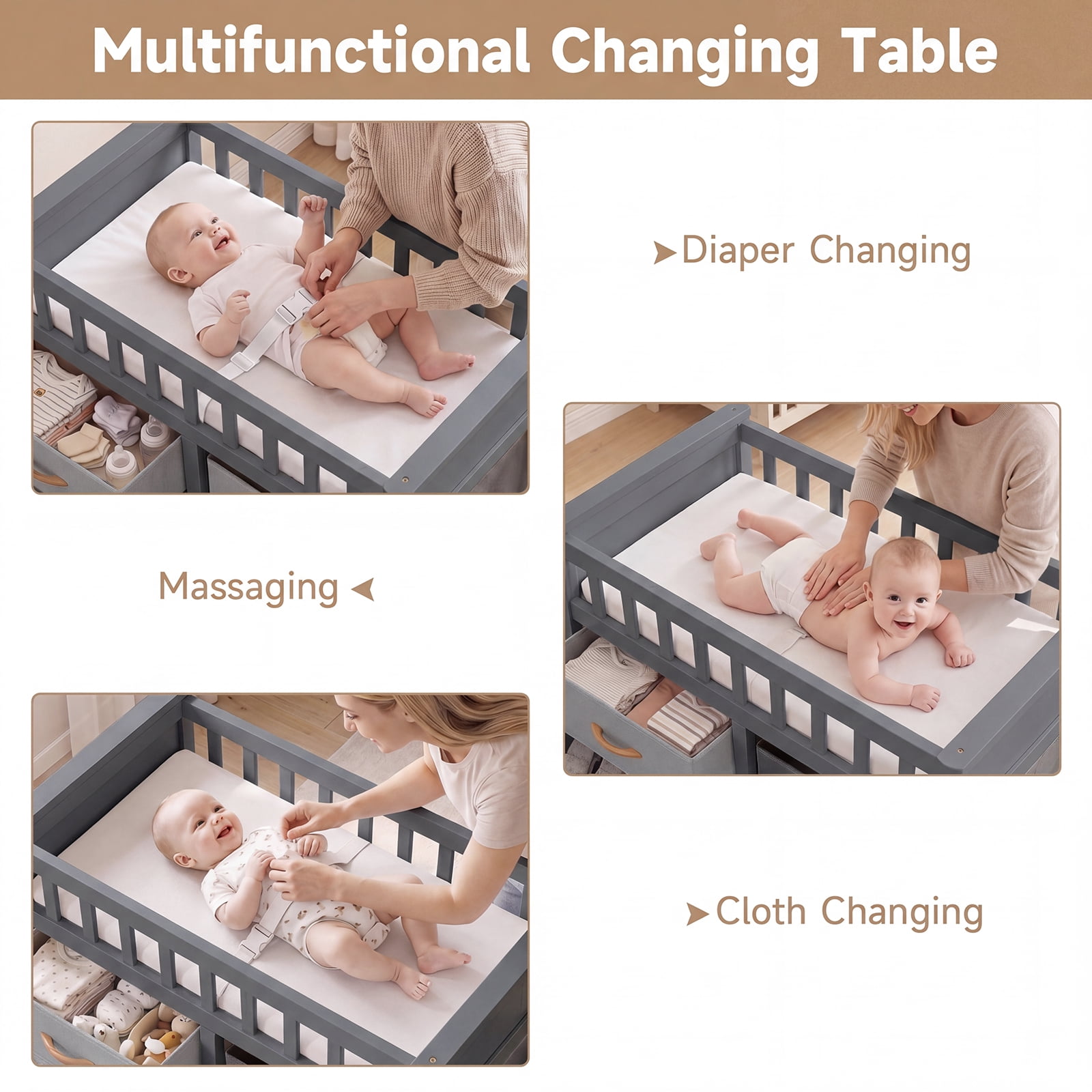 INFANS Baby Changing Table, Wooden Diaper Station Dresser with 3 Fabric Drawers, Laundry Hamper, Safety Belt, Pad for Nursery Infant