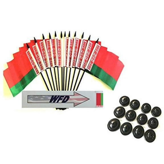 Pack of 12 4"x6" Belarus Polyester Miniature Office Desk & Little Table Flags, 1 Dozen 4"x 6" Belarus Small Mini Handheld Waving Stick Flags with 12 Flag Bases (Flags with Stands)