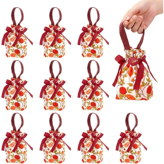 10 Pcs Floral Small Gift Bags with Handles Flower Drawstring Bags Tea Party Favor Bags Canvas Small Bag