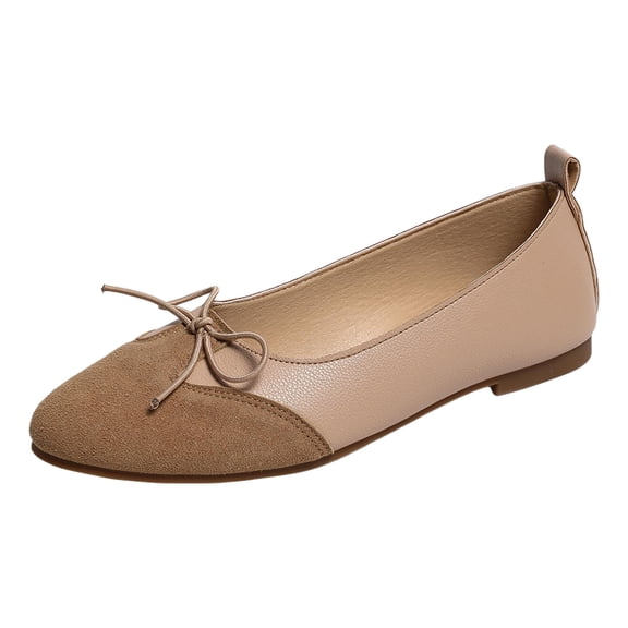 Rokment Women's Bowknot Ballet Flat Dressy Shoes Stylish Simple Color Block Ballerina Dress Slip on Loafers Casual Comfortable Walking Low Heels Fall Beige Size 6