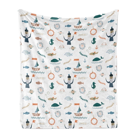 Sailor Soft Flannel Fleece Throw Blanket, Old Sailorman Fish Algae Ship Seahorse Anchor Motifs on Plain Backdrop, Cozy Plush for Indoor and Outdoor Use, 50" x 70", White and Multicolor, by Ambesonne
