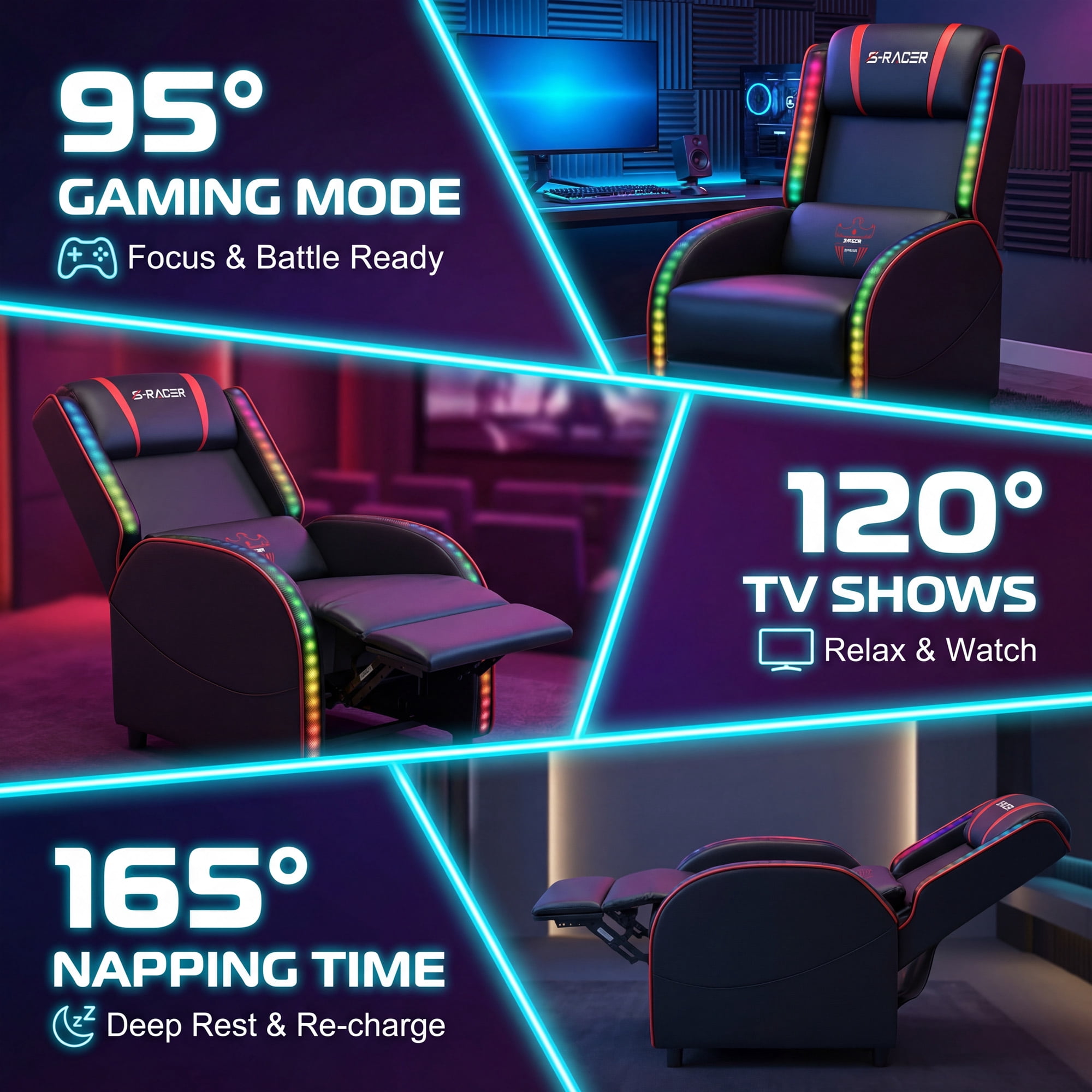 Furmax RGB LED Lights Gaming Massage Recliner Chair Racing Style Single Living Room Sofa Ergonomic Home Theater Seating with Massage Lumbar Support, Red